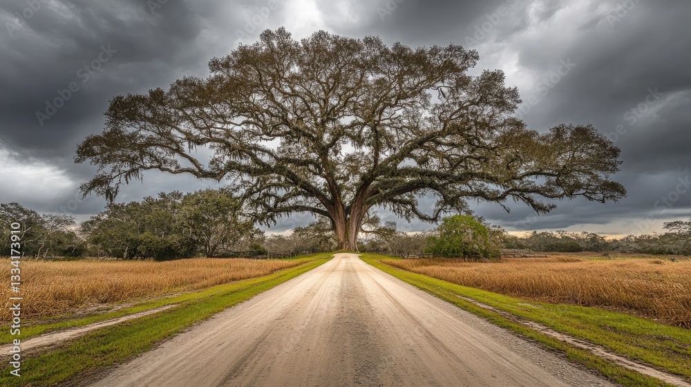 A rural dirt road with a towering tree in the center, its branches extending over both lanes A rural dirt road with a towering tree in the center, its branches extending over both lanes