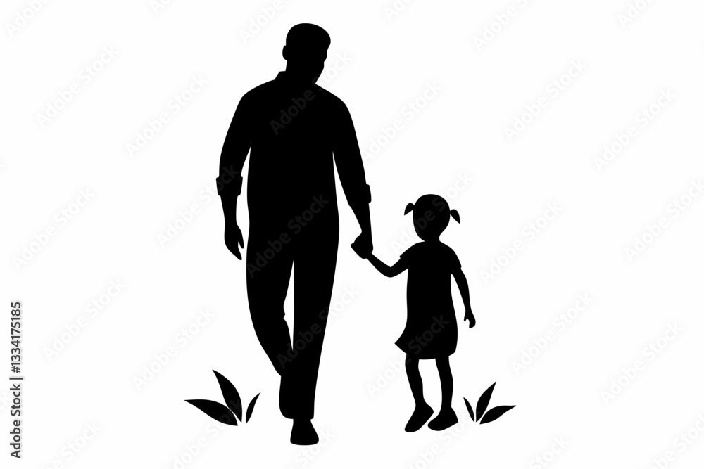 dad and child walking line art silhouette vector illustration