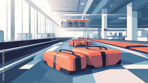 The image is a stylized illustration of an airport baggage claim area.  The illustration uses a vector or similar style with flat, bold colors and simplified forms. The color palette is