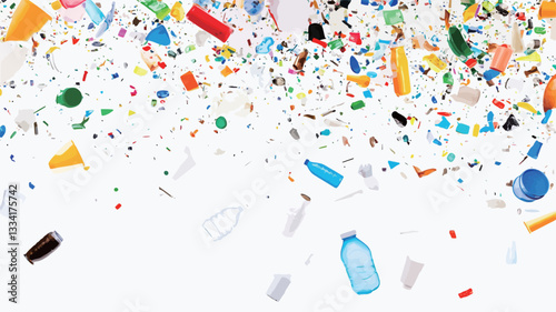 The image shows numerous small, multicolored plastic fragments falling against a stark white background.  The fragments vary in shape and size, appearing as confetti or debris. The overall