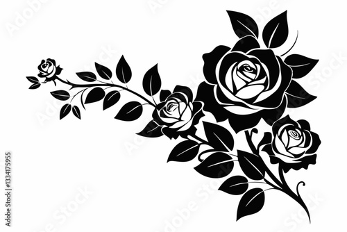 delicate floral corner element featuring roses line art silhouette vector illustration