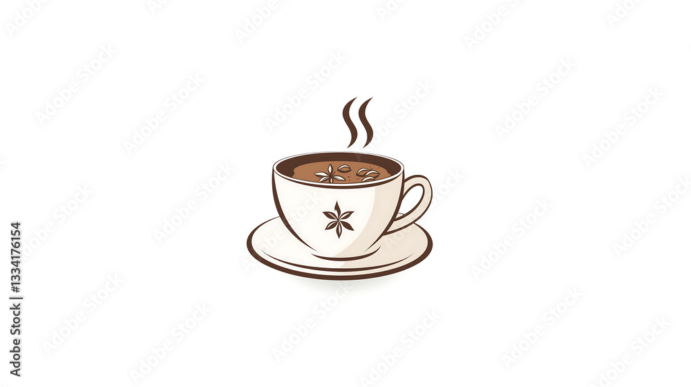 Steaming Hot Coffee Cup with Star Design on Saucer Minimal Illustration for Café Design Steaming Hot Coffee Cup with Star Design on Saucer Minimal Illustration for Café Design