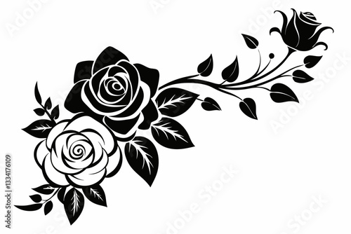 delicate floral corner element featuring roses line art silhouette vector illustration