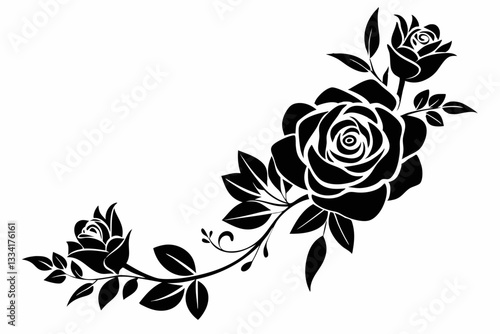 delicate floral corner element featuring roses line art silhouette vector illustration