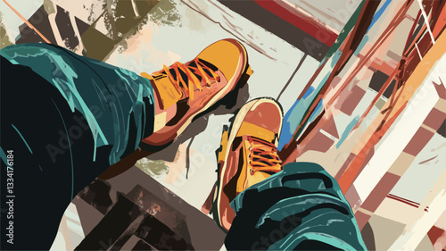 A stylized, high-angle close-up shot depicting a pair of feet wearing orange and brown work boots. The boots are positioned atop a textured surface, which appears to be part of a structure,