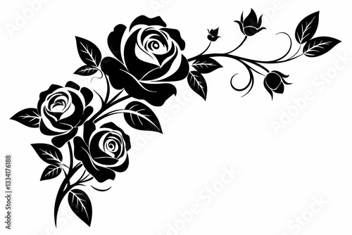 delicate floral corner element featuring roses line art silhouette vector illustration