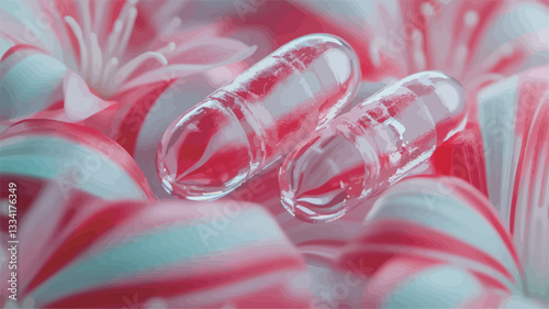 Close-up macro photograph of two transparent capsules resting on a surface of swirled red and white paste.  The paste has a candy-like appearance with a smooth, glossy texture. The capsules are in