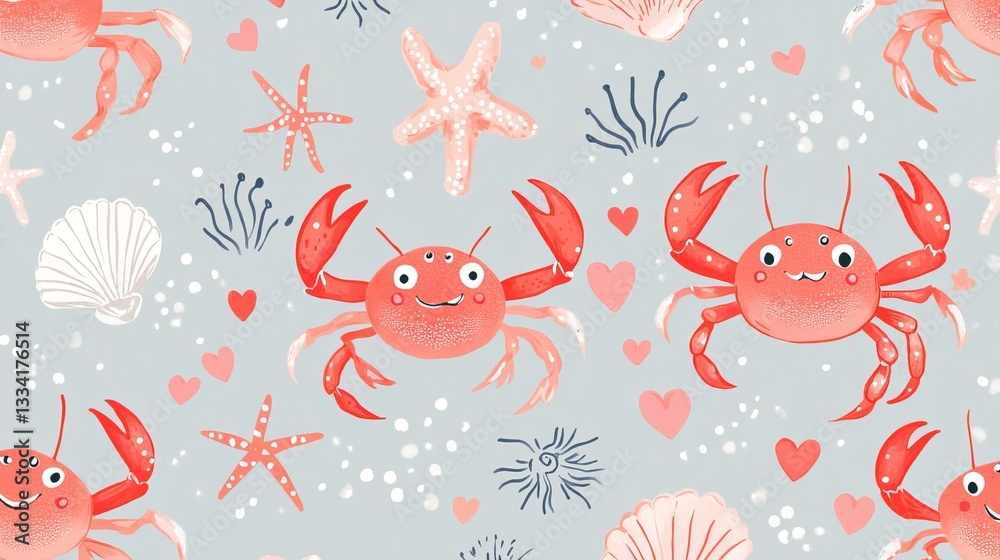 Fototapeta premium Charming red crabs with hearts and stars on grey adorable nautical design for kids spaces
