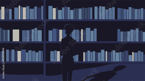 The image is a stylized illustration or graphic depicting a dark blue-toned interior scene.  The dominant features are tall bookshelves filled with numerous books, rendered in varying shades of