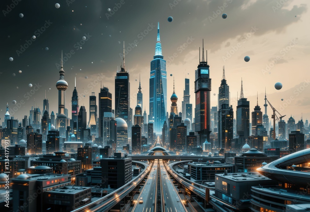 Futuristic Cityscape at Dusk with Towering Skyscrapers and Roads Futuristic Cityscape at Dusk with Towering Skyscrapers and Roads