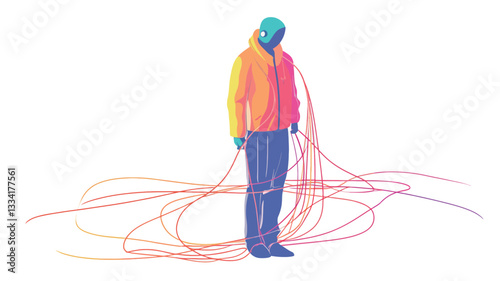 The image is a stylized illustration of a human figure, rendered in a minimalist style. The figure is depicted from the knees up, wearing a hooded jacket in a gradient of yellow and blue hues.