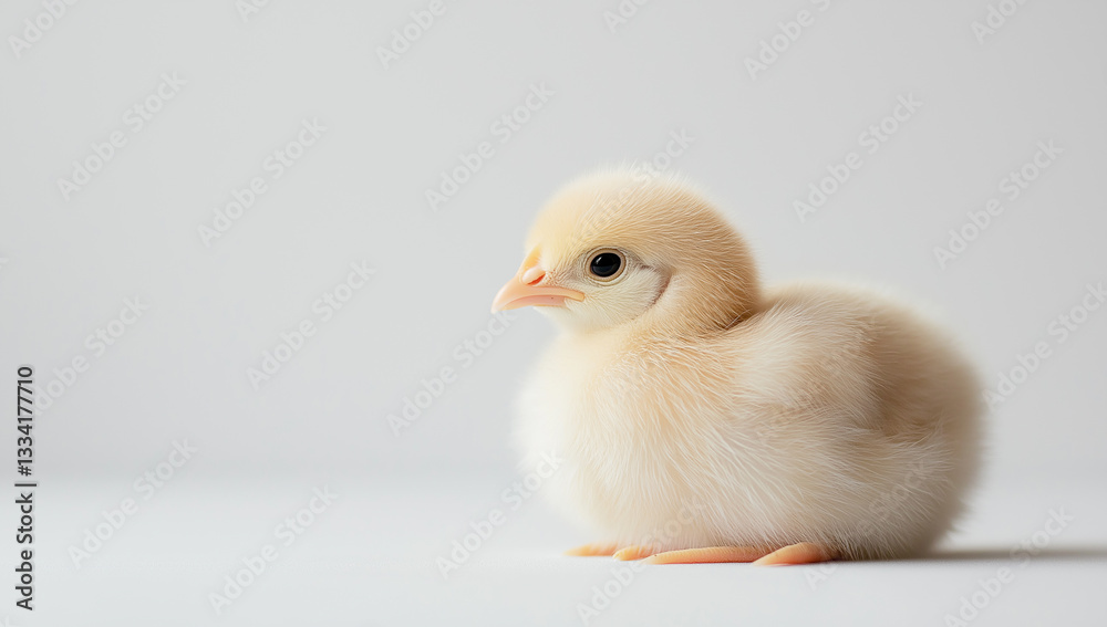A small, fluffy chick with light yellow feathers and an orange beak and feet, sitting on a white surface with a plain white background.
A small, fluffy chick with light yellow feathers and an orange beak and feet, sitting on a white surface with a plain white background.