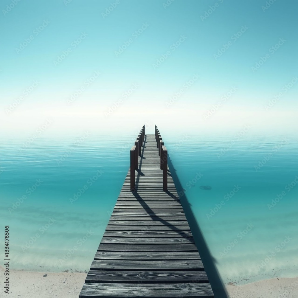 Obraz premium Calm wooden pier extending into serene turquoise waters with a clear blue sky above