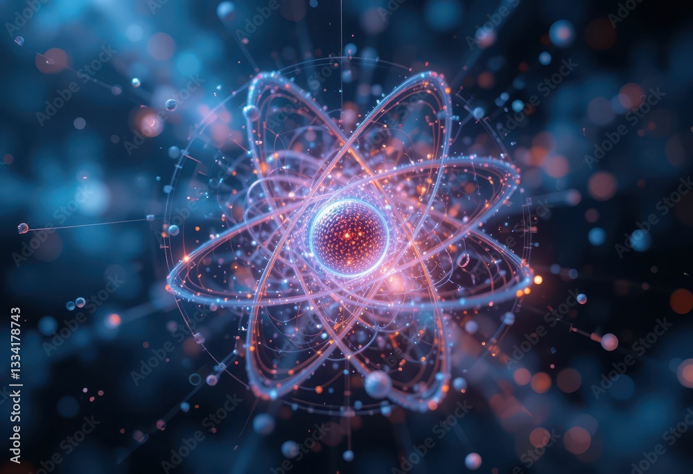 Obraz premium Abstract Visualization of an Atom with Electrons and Energy Waves