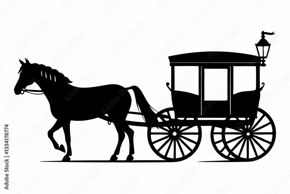 Fototapeta horse drawn carriage line art silhouette vector illustration