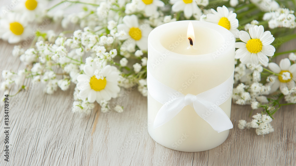 Elegant White Candle with Ribbon and Flowers on Wooden Surface Elegant White Candle with Ribbon and Flowers on Wooden Surface