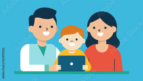 Family Telehealth A family of three gathered around a tablet participating in a video call with a pediatrician all smiling and engaged.