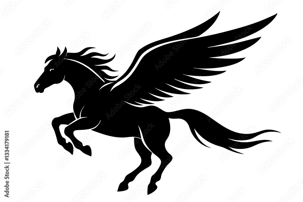jumping horse with wings line art silhouette vector illustration