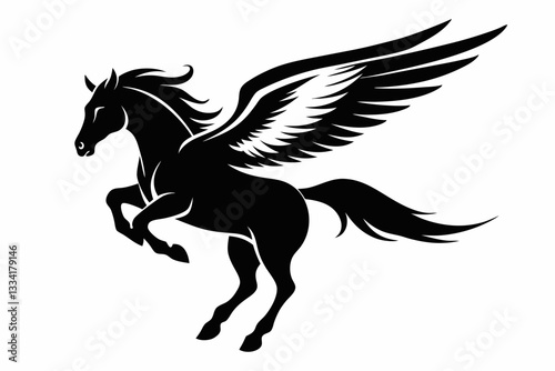 jumping horse with wings line art silhouette vector illustration