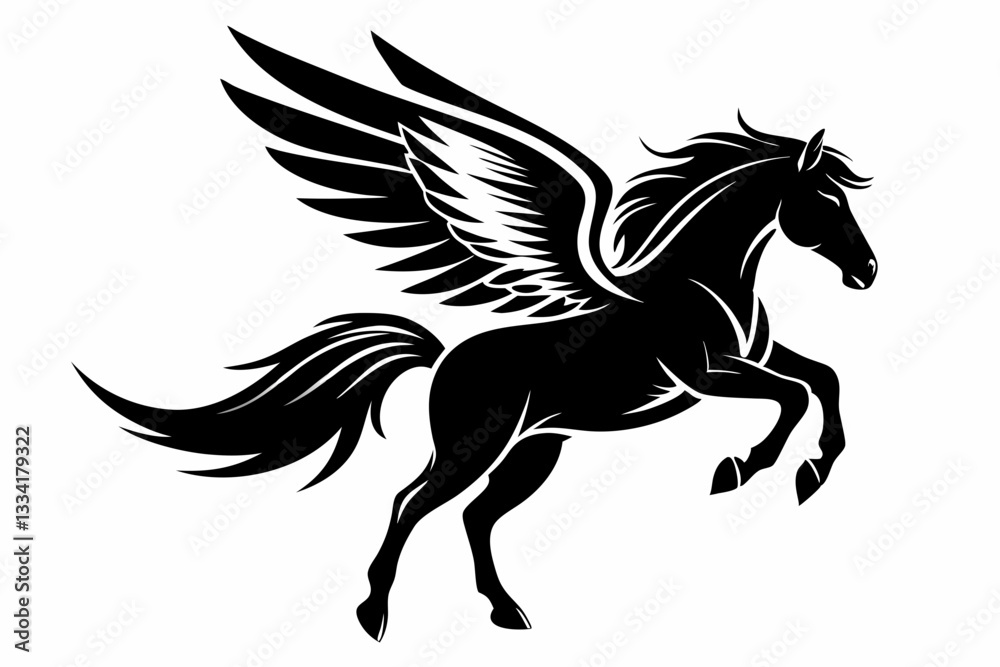 jumping horse with wings line art silhouette vector illustration