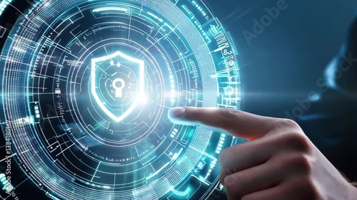 Futuristic digital interface showcasing a holographic cybersecurity dashboard with a virtual shield to protect data,network,and information privacy.