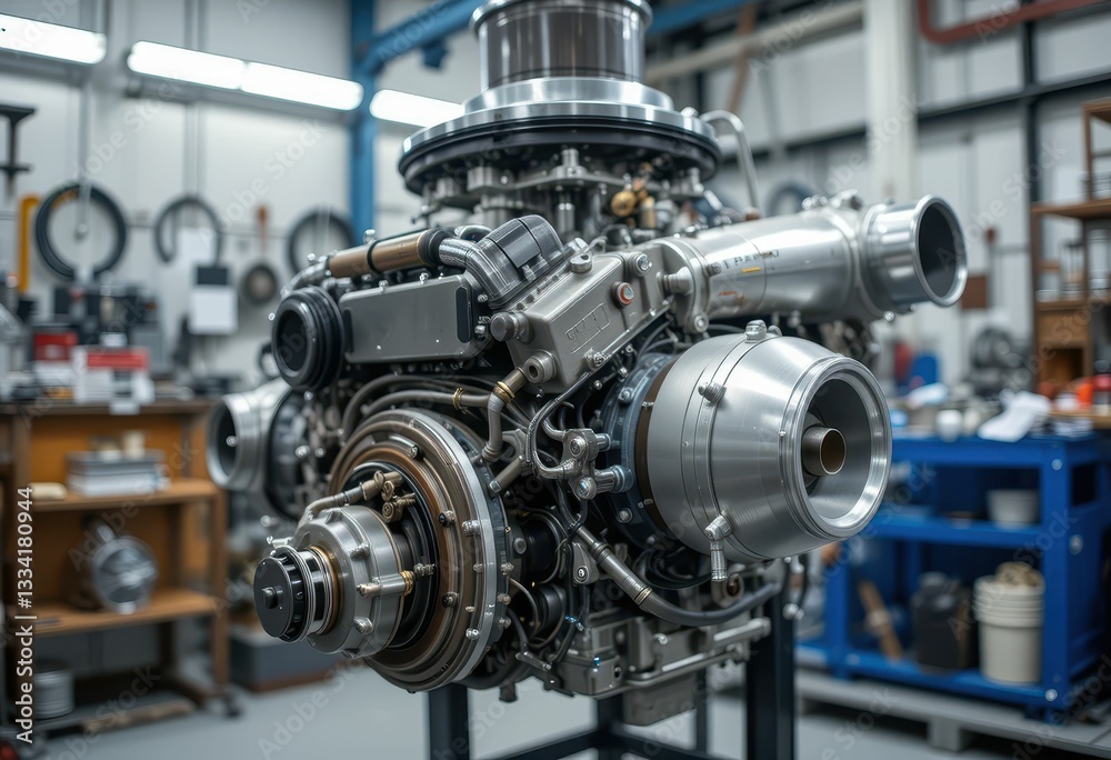 Detailed Close-up of a Modern Aircraft Engine in a Workshop Setting Detailed Close-up of a Modern Aircraft Engine in a Workshop Setting