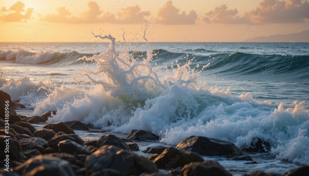 Fototapeta premium Beautiful Ocean Waves Splashing on Rocks at Sunset with Scenic View
