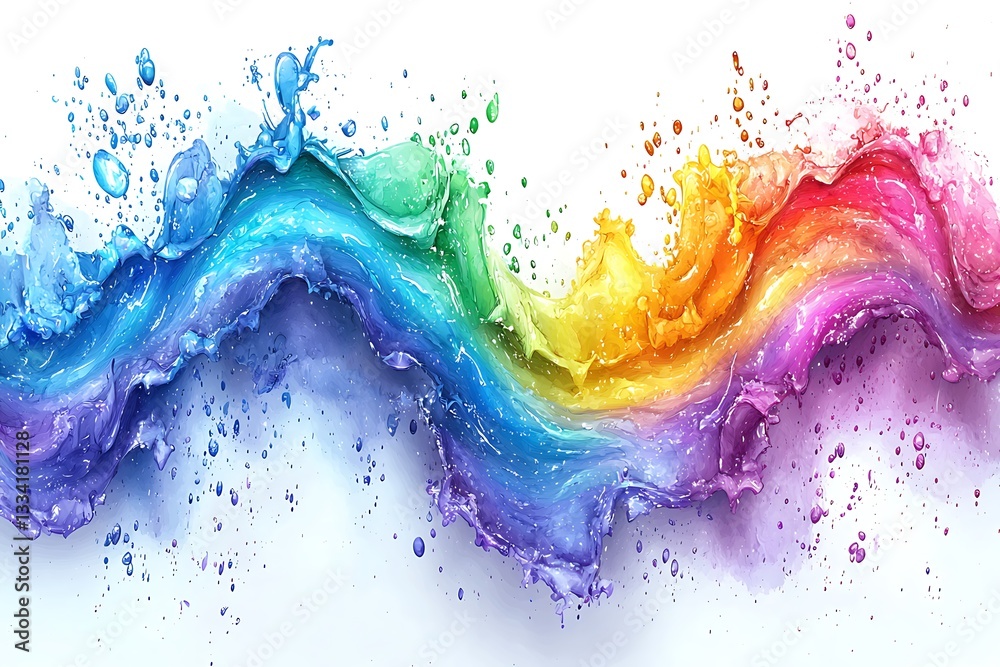Fototapeta premium A watercolor illustration of a rainbow wave with splashing droplets