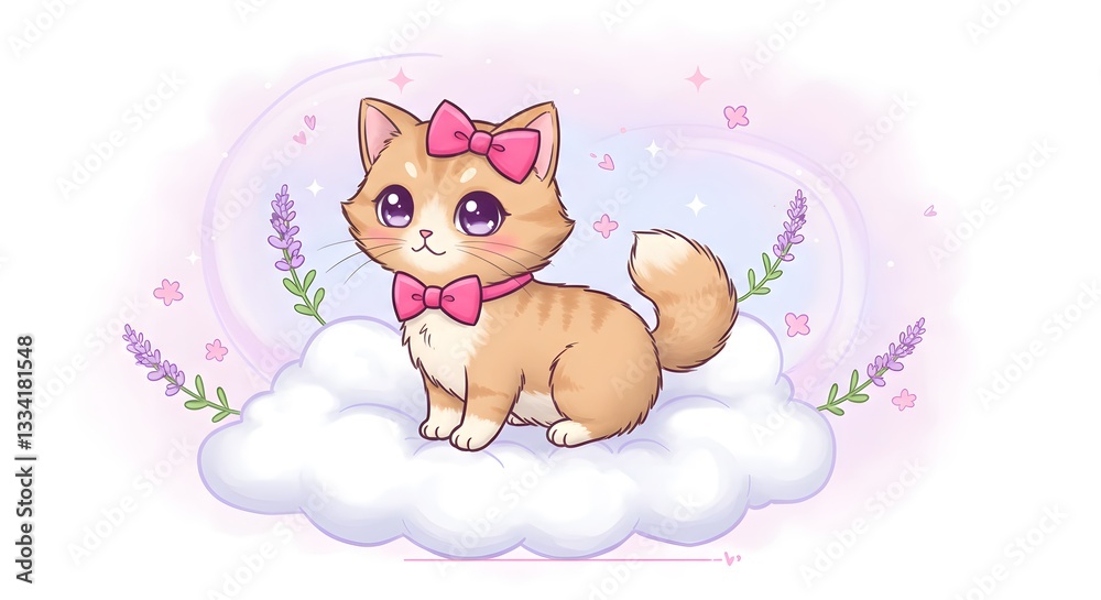 Cartoon Cat with Bow Tie Sitting on Cloud Illustration Cartoon Cat with Bow Tie Sitting on Cloud Illustration