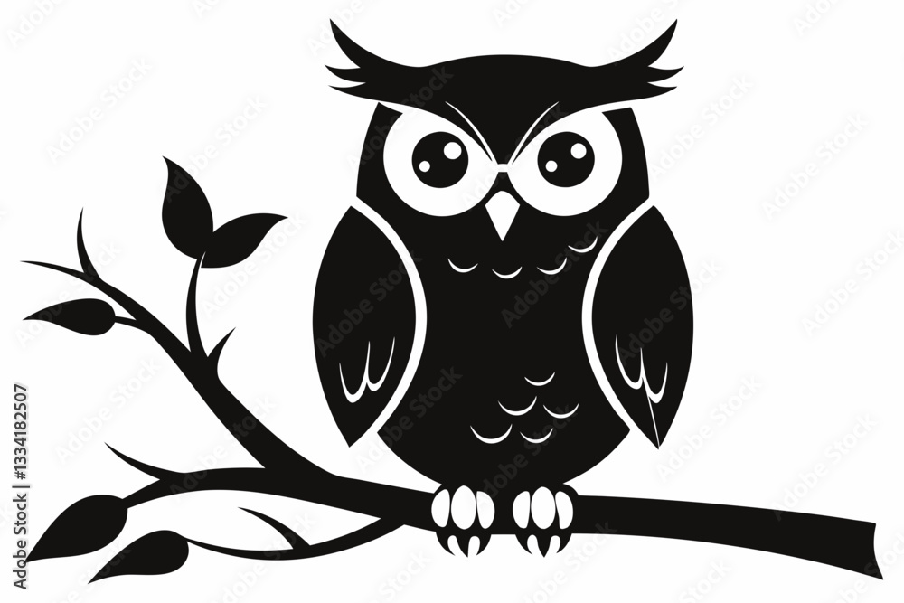 Fototapeta premium owl sitting on a tree branch line art silhouette vector illustration