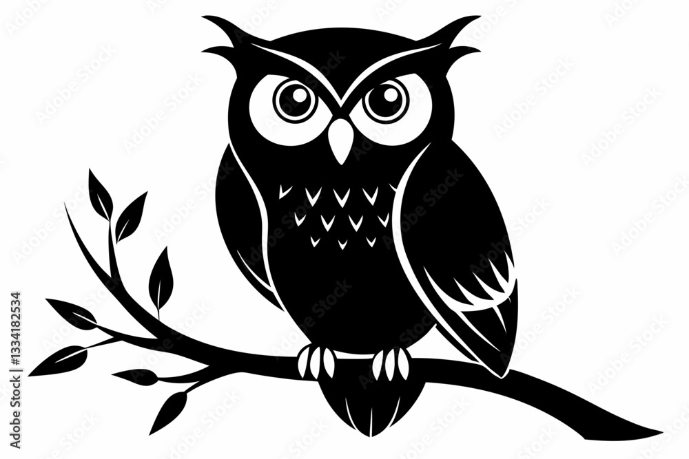 Fototapeta premium owl sitting on a tree branch line art silhouette vector illustration