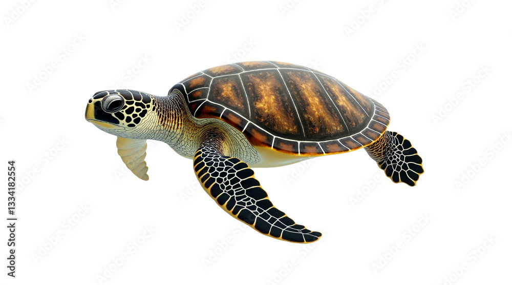 Obraz premium Sea turtle swimming isolated on transparent background. Graceful marine animal for educational, conservation, or design projects. Calming aquatic life.