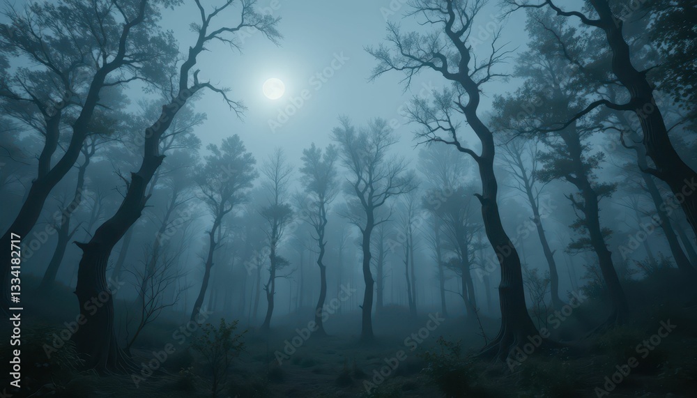 Mysterious Foggy Forest under Moonlight with Twisted Trees Mysterious Foggy Forest under Moonlight with Twisted Trees