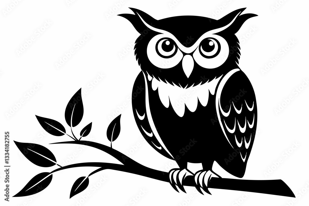 Fototapeta premium owl sitting on a tree branch line art silhouette vector illustration