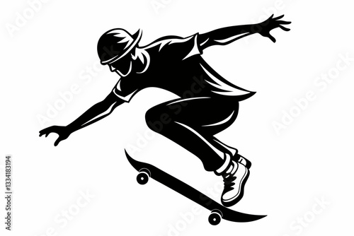 skateboarder doing a kickflip line art silhouette vector illustration