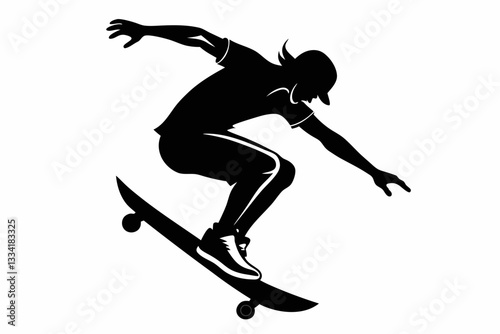 skateboarder doing a kickflip line art silhouette vector illustration