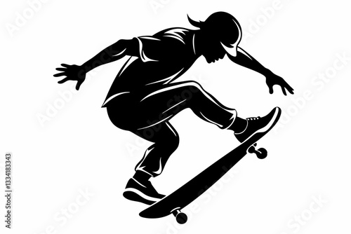 skateboarder doing a kickflip line art silhouette vector illustration