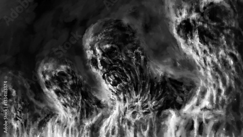 Creepy zombies in the dark. Scary illustration for Halloween. Spooky characters in the genre of horror fantasy. Coal and noise effect. Black and white background.