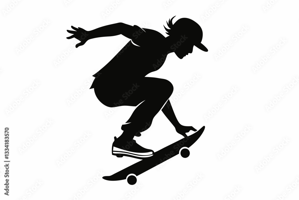 Fototapeta premium skateboarder doing a kickflip line art silhouette vector illustration
