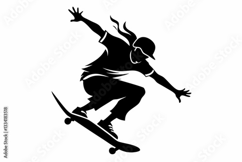 skateboarder doing a kickflip line art silhouette vector illustration
