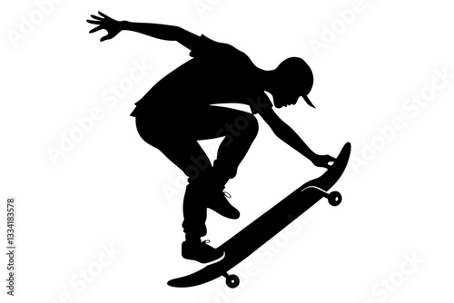 skateboarder doing a kickflip line art silhouette vector illustration