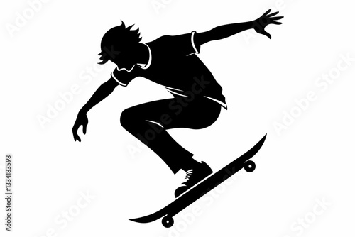 skateboarder doing a kickflip line art silhouette vector illustration