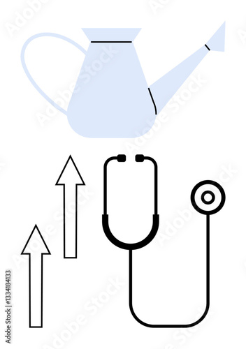 Watering can pouring growth and three arrows pointing upward alongside a stethoscope. Ideal for health, progress, care, nurturing, improvement, wellness, success. Flat simple metaphor