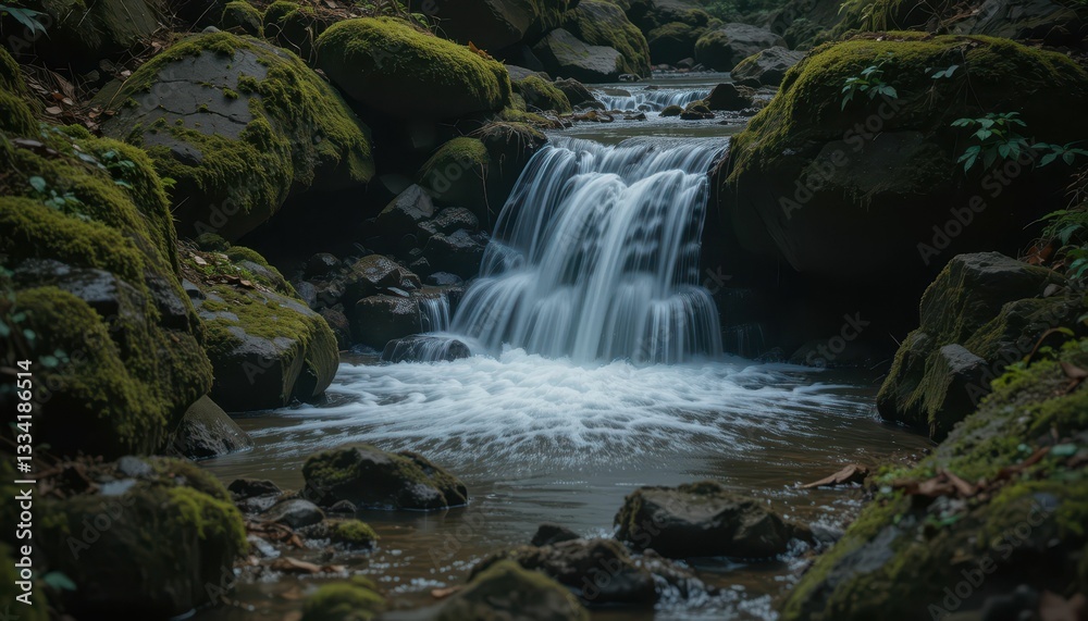Serene Cascading Waterfall Surrounded by Lush Greenery and Rocks Serene Cascading Waterfall Surrounded by Lush Greenery and Rocks