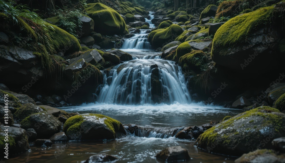Fototapeta premium Serene Waterfall Cascading Through Mossy Rocks in Tranquil Forest