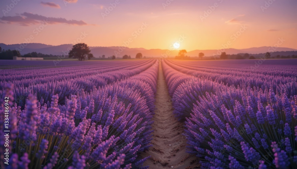 Fototapeta premium Serene Lavender Field at Sunset with Vibrant Purple Blossoms