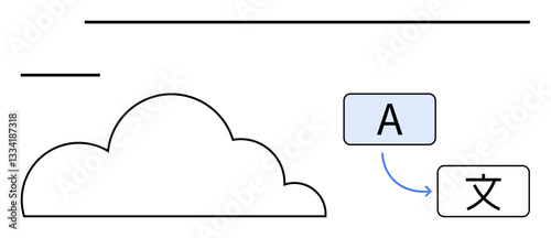 Cloud with blue connecting arrow linking English alphabet to Japanese Kanji box. Ideal for language learning, tech, translation services, communication, globalization, AI, networking. Flat simple