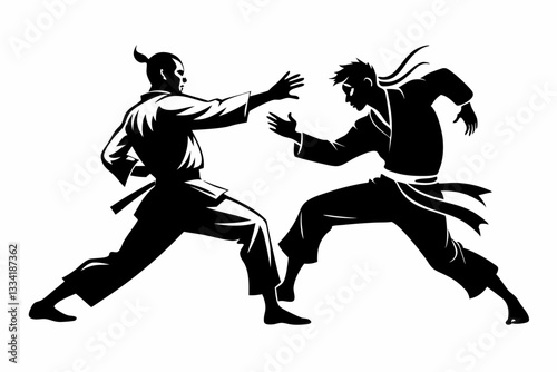 two karatekas fighting line art silhouette vector illustration