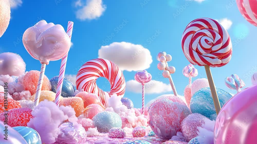 Colorful 3d lollipops stand in a sugary landscape as assorted food candy fall from a bright blue sky with fluffy white clouds fantasy landscape video 4k