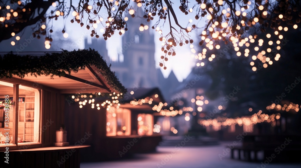 Fototapeta premium Magical Christmas Market Festive Lights Wooden Stalls Winter Wonderland